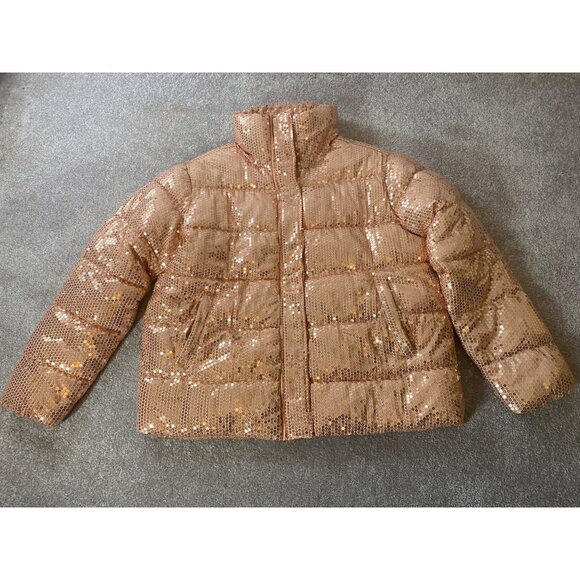 Venus Womens Rose Gold Sequin Puffer Jacket With High Collar & Zipper Large - Picture 1 of 12